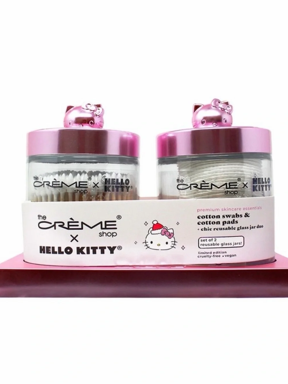 NEW The Crème Shop x Hello Kitty Pink Reusable Glass Jar Set. Cotton & Pads.